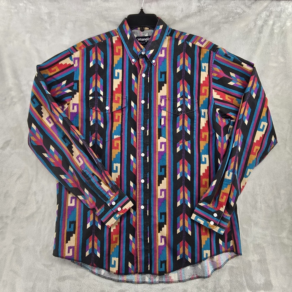 Vintage Wrangler Aztec Cowboy Dress Shirt Mens LARGE 17-36 Rodeo Long Sleeve USA